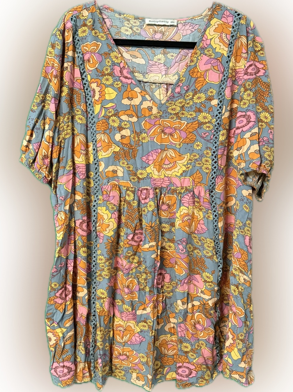 Sanctuary Floral V-Neck Babydoll Blouse in Blue, Pink & Yellow